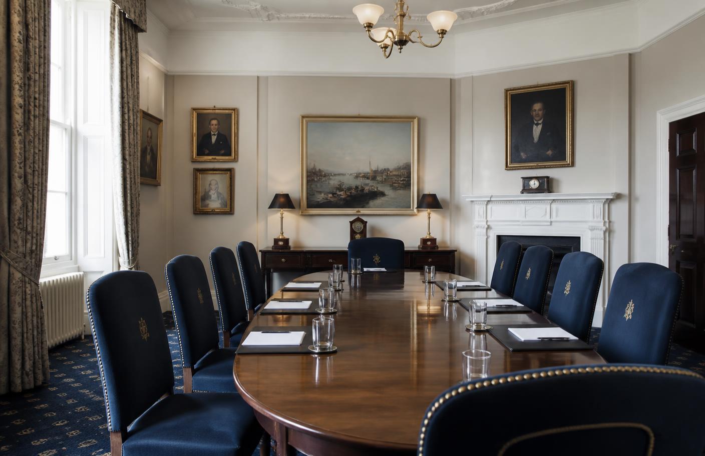 A traditional club meeting room with a wooden table and indigo chairs