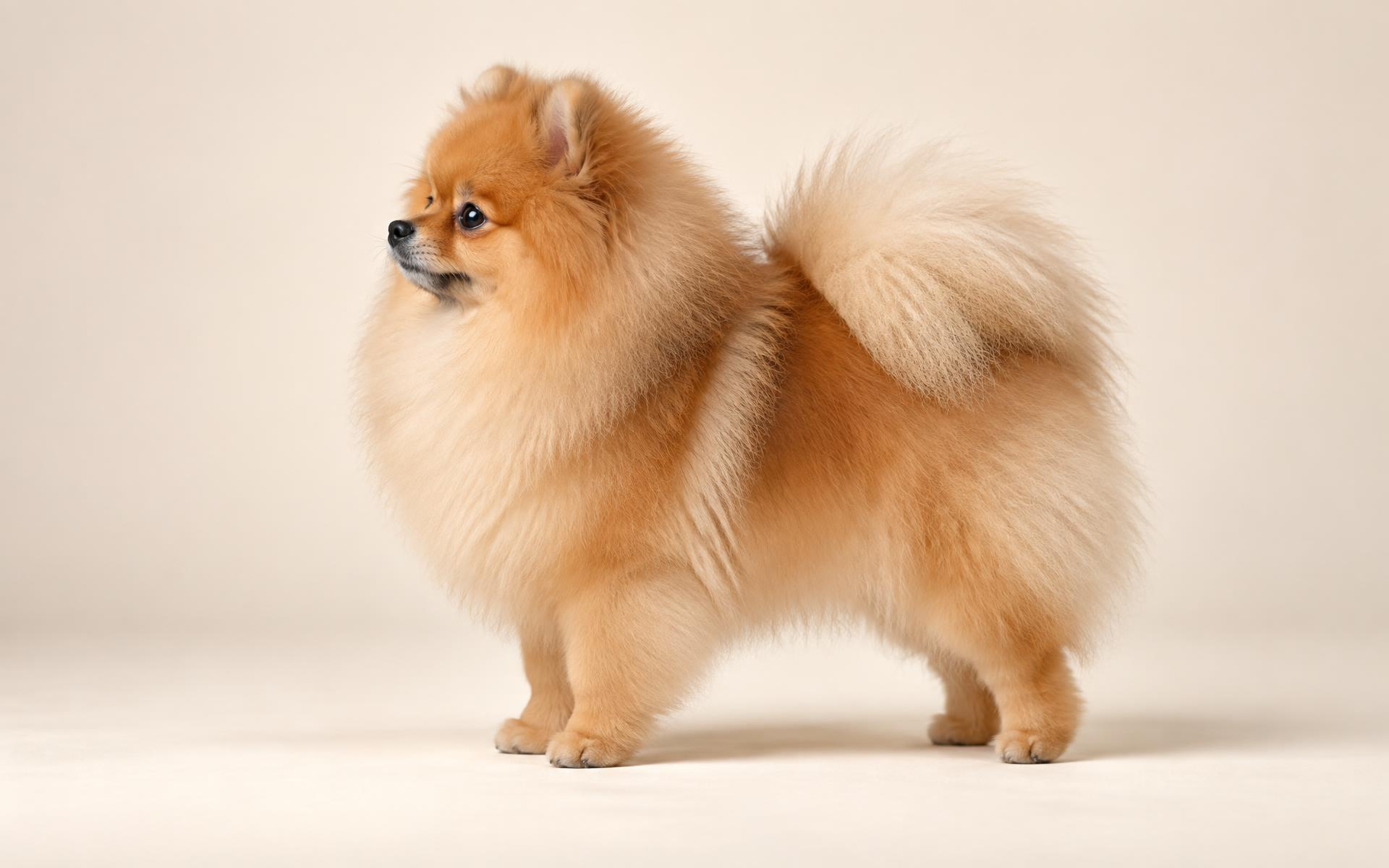 A show-quality orange Pomeranian standing in profile against a soft cream backdrop