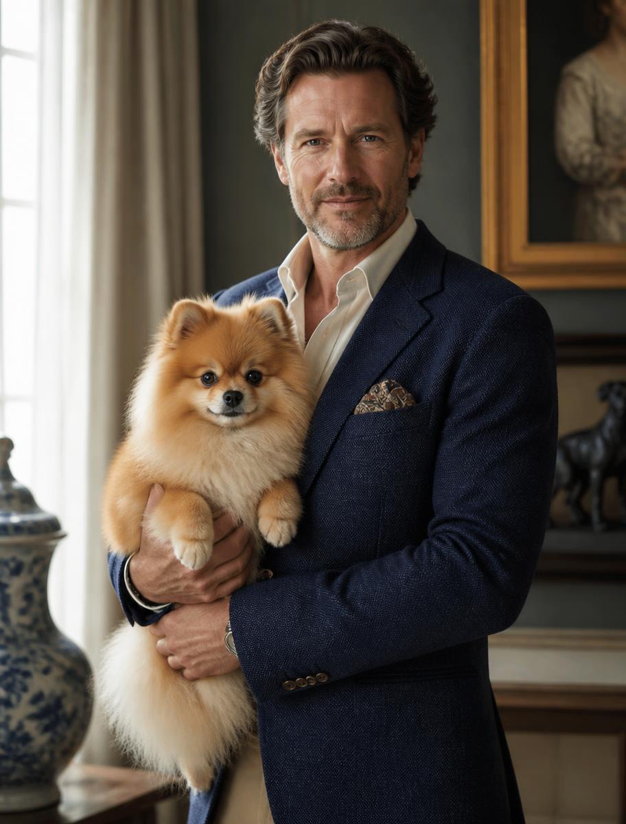 A club member holding a groomed Pomeranian in soft window light