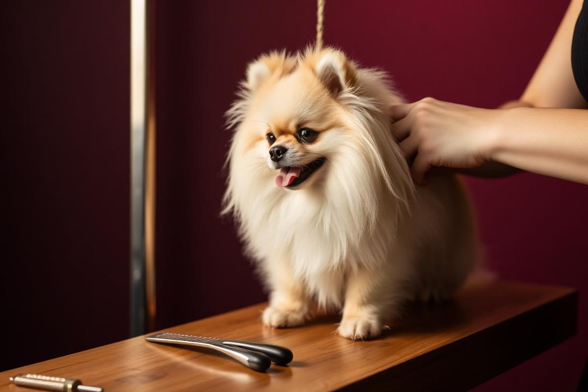 A Pomeranian being hand-groomed on a wooden grooming table