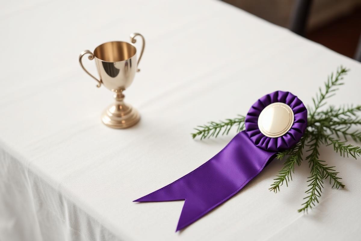 A purple show ribbon and small trophy on an ivory linen table
