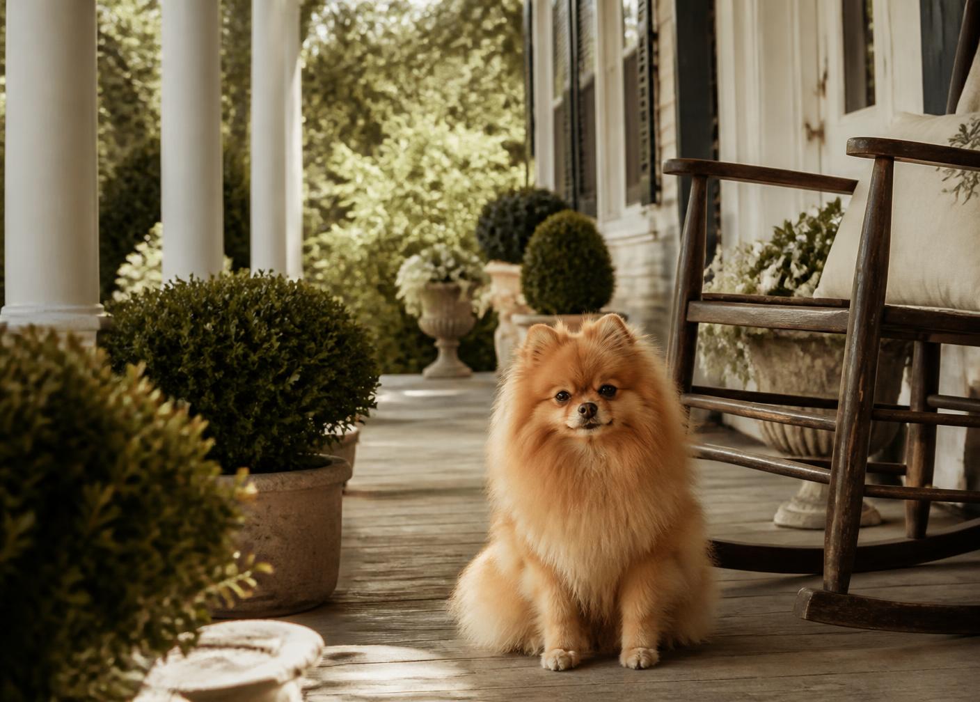 A Pomeranian sitting on a shaded Virginia porch beside boxwood planters