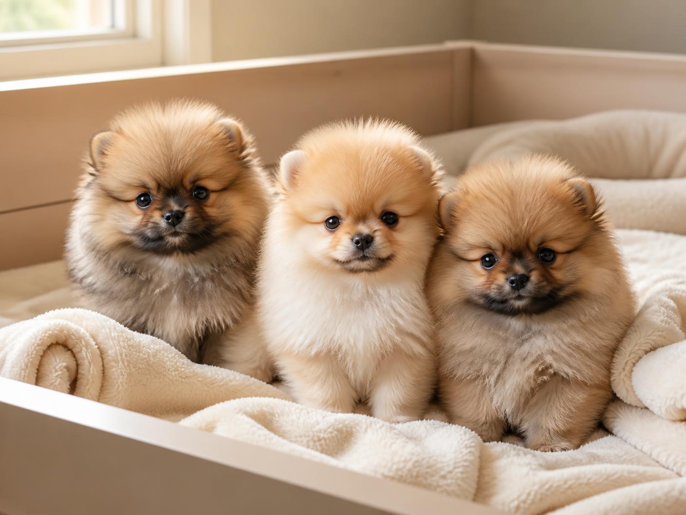 Placeholder photograph of three Pomeranian puppies