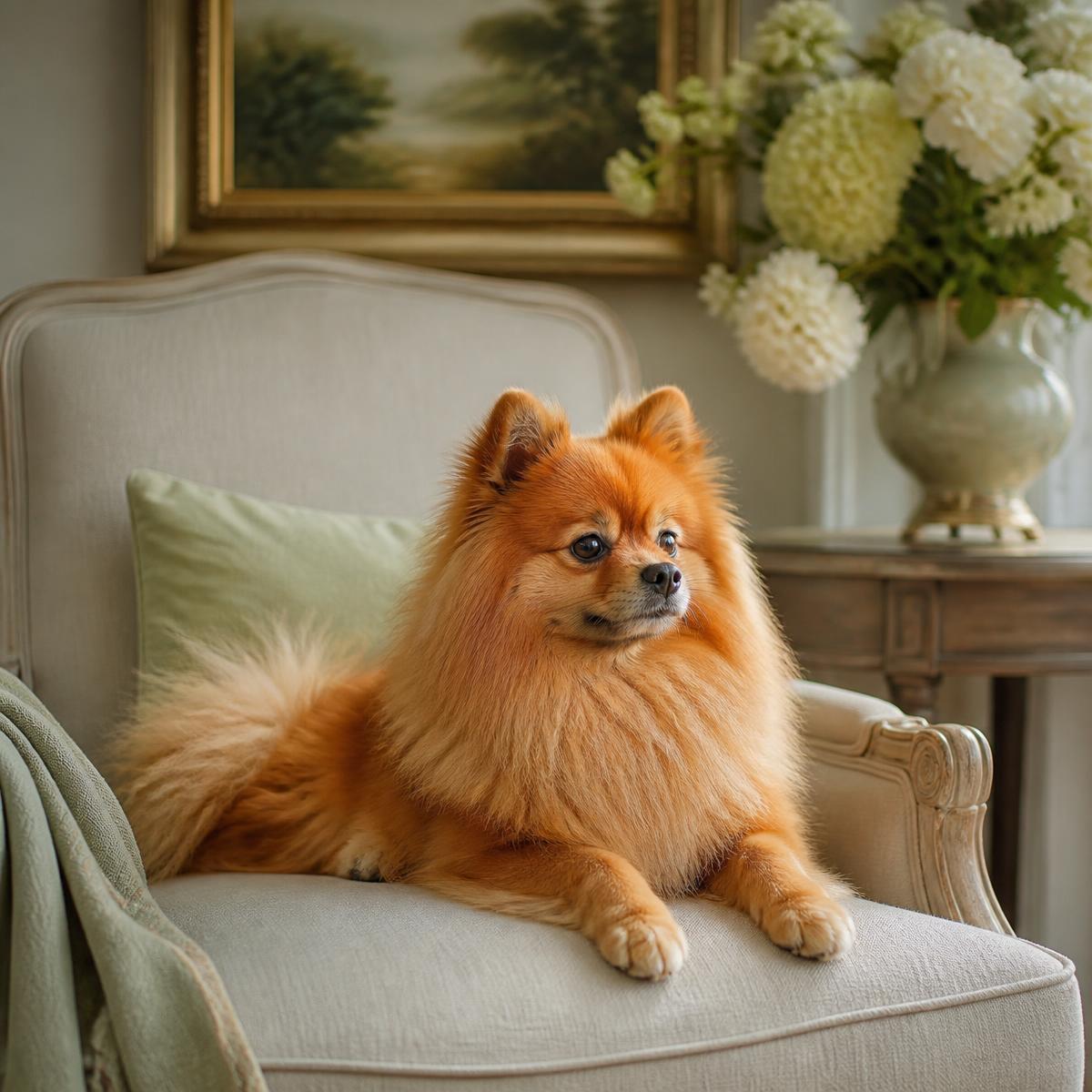 Placeholder photograph of a Pomeranian resting on a linen chair