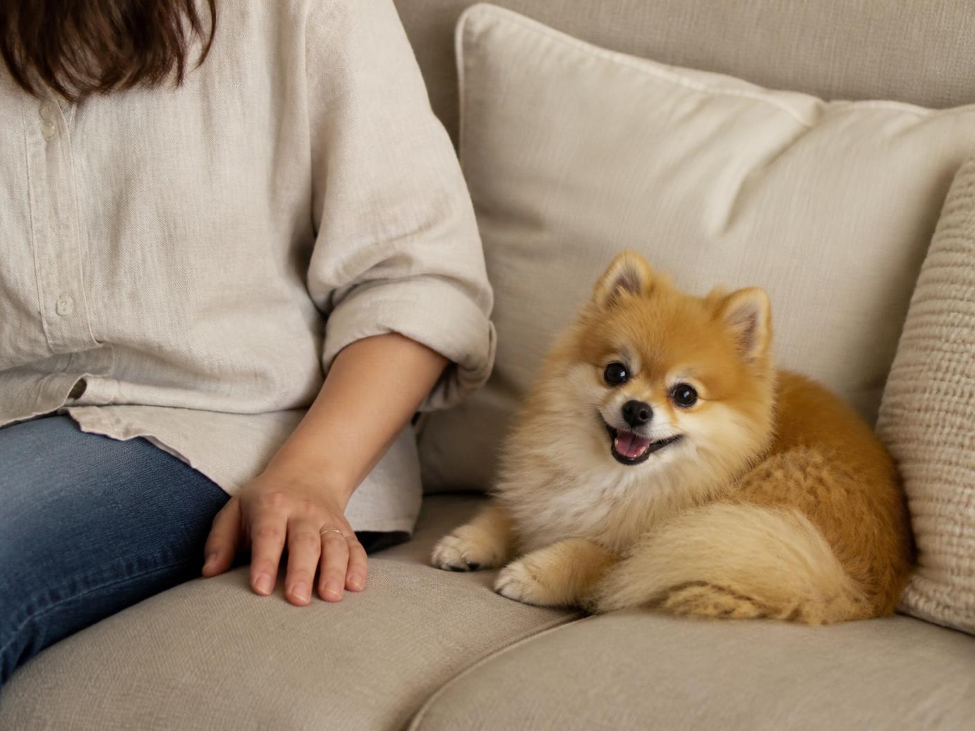 Placeholder photograph of an adopted Pomeranian resting on a linen sofa